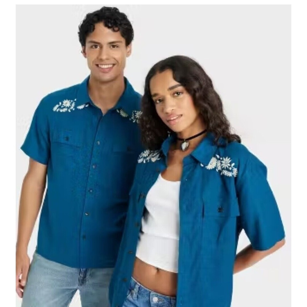 Blue Floral Embroidered SS Button Down Men's/Unisex Shirt XL NWT Latino Heritage